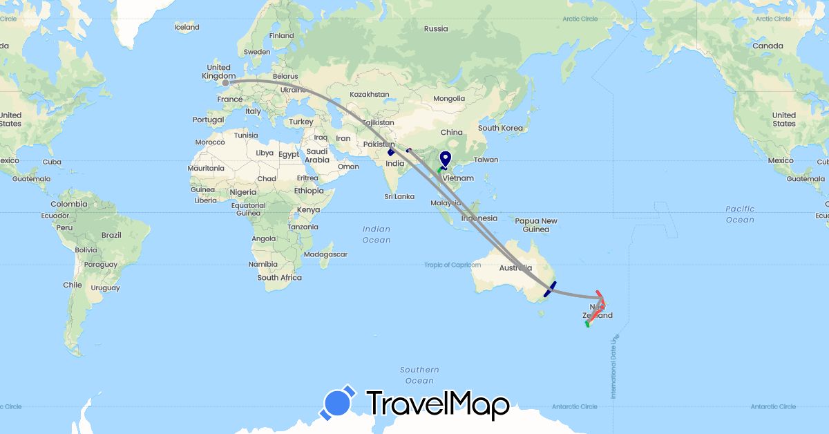 TravelMap itinerary: driving, bus, plane, hiking, boat in Australia, United Kingdom, India, Laos, Nepal, New Zealand, Thailand (Asia, Europe, Oceania)